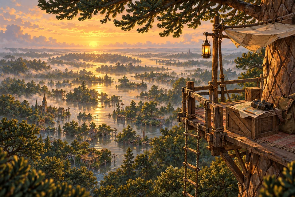 A lookout platform above the flooded valley and overgrown town.