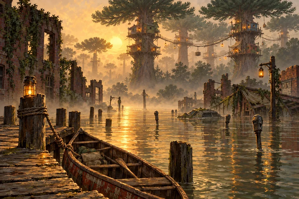 A lantern-lit canoe landing over the drowned streets of Torrey Bend.