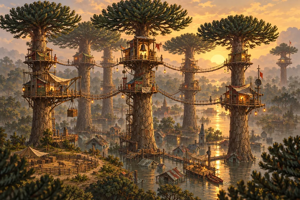 The Roost’s seven enormous trees, linked by platforms and bridges above a flooded town.