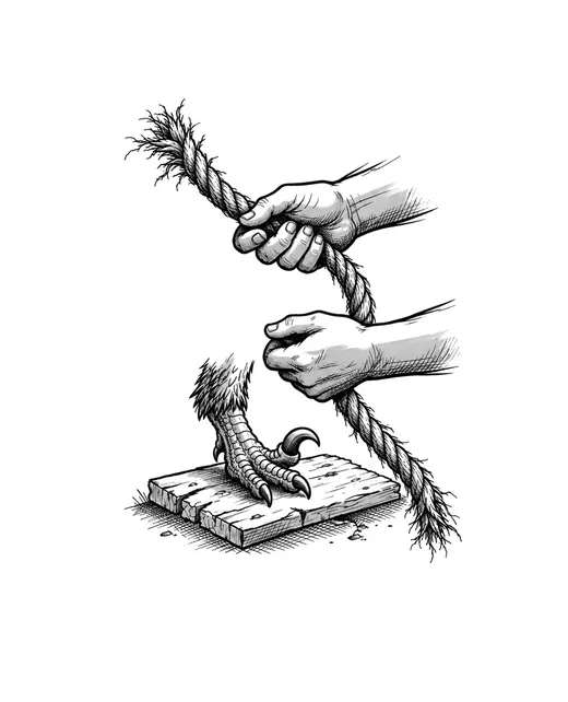 Ink drawing. A thick climbing rope pulled taut, gripped in two boy's hands, one above the other, the fibres of the rope frayed and hairy.