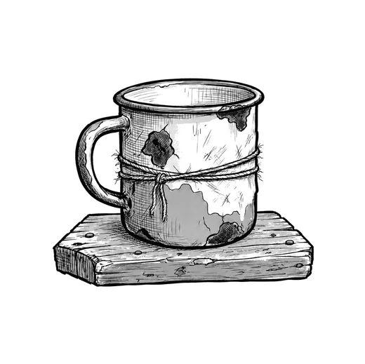 A chipped enamel mug on a short complete plank offcut.