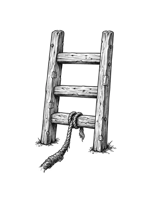 A short wooden ladder with wet rope wound around its worn bottom rung.