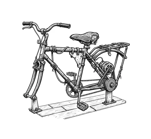 A salvaged bicycle pedal generator mounted on short deck planks, with the wheels removed.