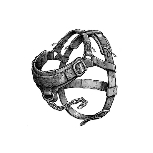 Ink drawing. A dinosaur harness laid out flat and in order on the ground as it came off the animal: a wide chest strap with a heavy buckle, two shoulder straps.