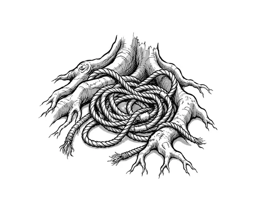Loose coils of wet rope nestled among a small group of tree roots.