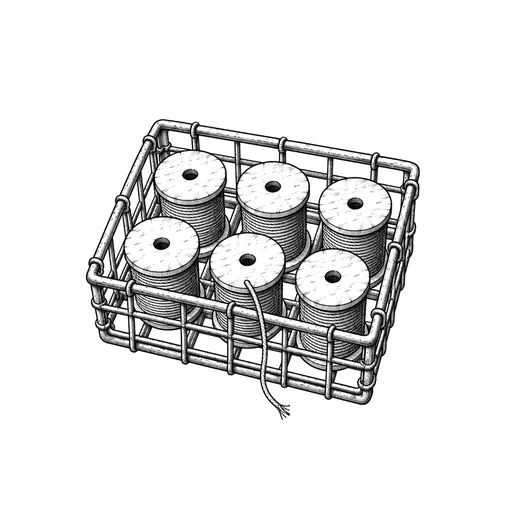 A wire crate holding six kite-line spools in two rows, with a loose trailing line.