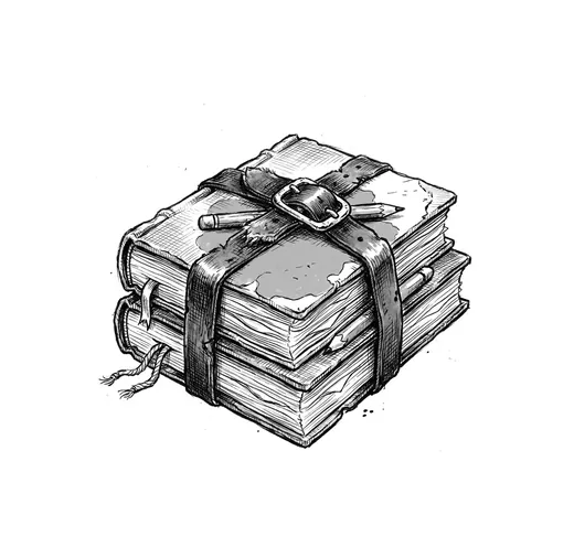 Ink drawing. Three thick hand-bound books of different sizes stacked and strapped together with one worn leather belt through the buckle, corners bumped.