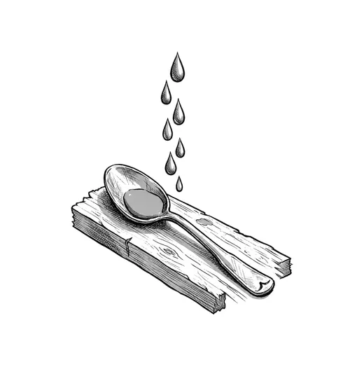 A notched metal spoon on a short plank beneath falling water drops.