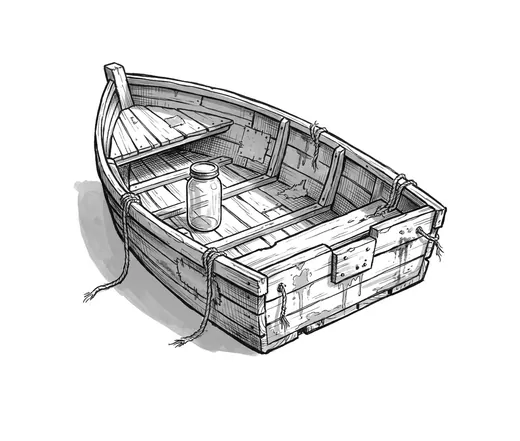 Ink drawing. A small flat-bottomed punt afloat, seen close and square-on from the side, riding low, its patched planking and one paint repair showing.