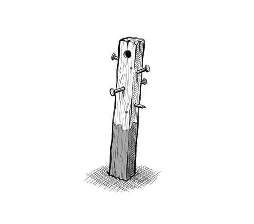 Ink drawing. A weathered wooden stake driven upright, nails hammered into it in an uneven vertical line up its length.