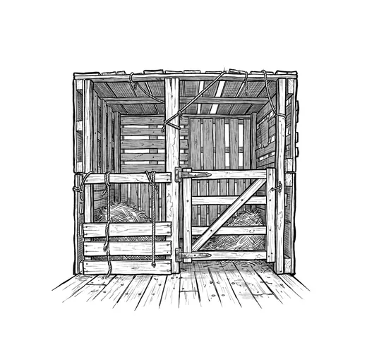 Ink drawing. A rough animal stall built from mismatched wooden pallets and one salvaged farm gate on a bad hinge, seen square-on.
