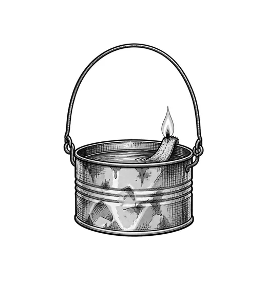 A simple dented tin fat-lamp with a wire bail and a short burning cloth wick.