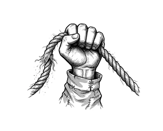 A fist holding a rope, with a short patched sleeve and both rope ends visible.