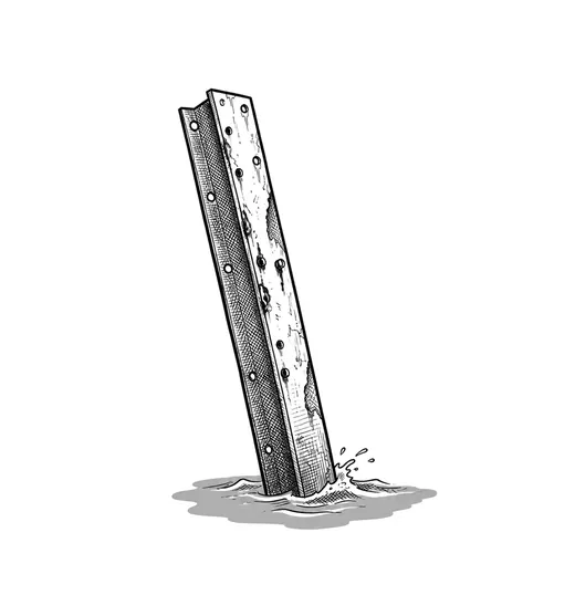 One bare leaning steel post with empty bolt holes, standing in a small patch of water.