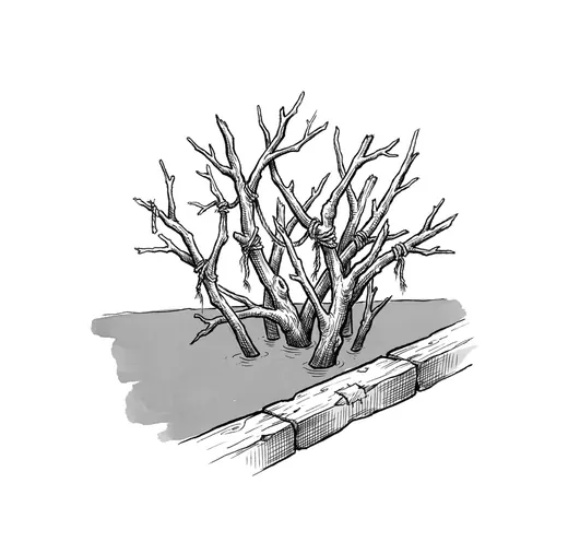 Ink drawing. One small bare shrub, the last of nine, standing alone in shallow standing water that comes up over the lowest few inches of its stems.