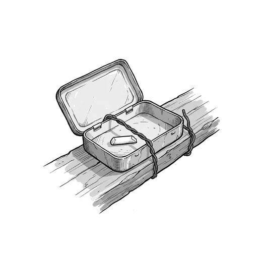 Ink drawing. A flat tobacco tin with its lid open, wired to a wooden handrail by twisted fence wire, one short worn stub of chalk lying in the tin.