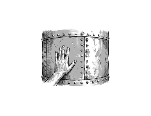 Ink drawing. A flat open hand pressed against the riveted steel side of a very large tank, the rivets in two vertical seams.