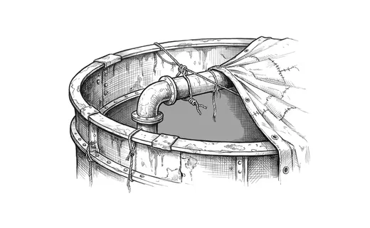 Ink drawing. The rolled rim of a big steel tank seen close, with a supply pipe crossing over the rim, elbowing, and turning down inside out of sight.