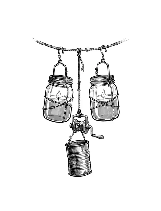 Ink drawing. Two lamps made from jam jars, each with a small flame in it, hanging by wire hooks from a taut bicycle brake cable.