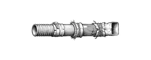 Ink drawing. One short section of mismatched water pipe lying by itself, about four feet long, the three joints each made differently — a hose clamp.