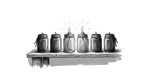 Ink drawing. Six lamps made from jam jars standing in a row along the middle of a plank table, two of them lit and four dark.