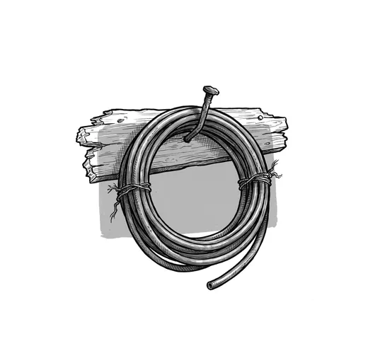 Ink drawing. A coil of soft copper tube about the size of a dinner plate, thumb-thick, wound flat and tied once with wire, hanging from a single bent nail.