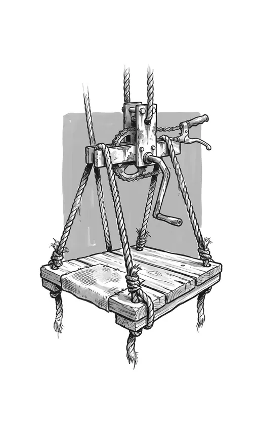 Ink drawing. A bosun's chair — a plank seat on four ropes — hanging from a loop of bicycle chain running over a small sprocket.
