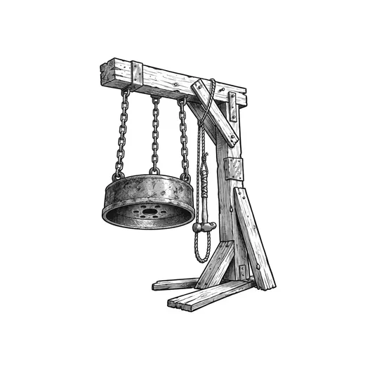 Ink drawing. A bell cut from a fire truck's brake drum, hung by three chains from a timber frame, its striking face worn bright.