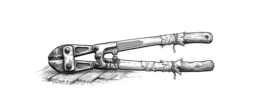 Ink drawing. One pair of long-handled bolt cutters lying closed and flat, the whole tool, the jaws nicked and bright where they have cut.