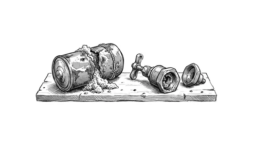 Ink drawing. Two broken machine parts lying side by side and well apart from each other, small in the middle of the image: a burst cylindrical cell with its seam spl.
