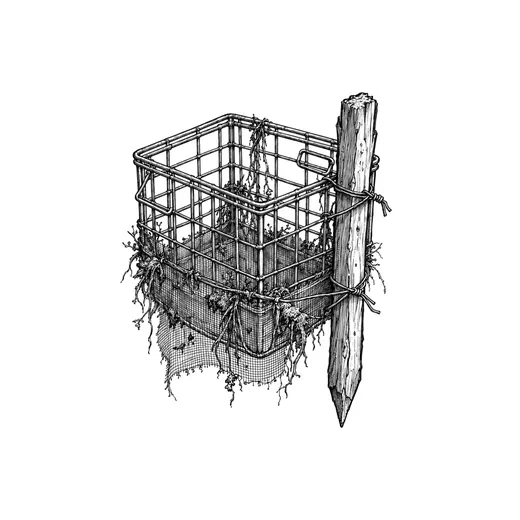 Ink drawing. A wire milk crate wrapped in fine window screen and lashed to a wooden stake with twisted wire, the screen furred and blinded with silt and weed.
