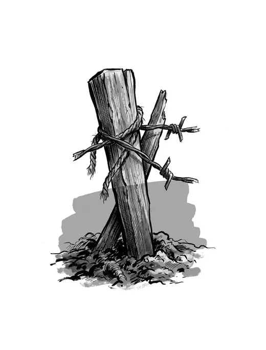 Ink drawing. A wooden stake driven into mud at a slight lean, with two cut ends of wire still twisted round it and nothing attached to them.