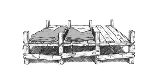 Ink drawing. Three narrow plank bunks in a row, built one against the next, blankets folded on the first two and the third stripped bare to its boards.