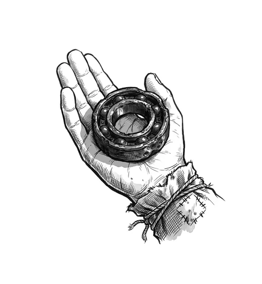 Ink drawing. A seized ball bearing held in an open palm, its two halves welded into one piece by heat and gone the color of a burnt spoon.