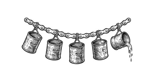 An open length of bicycle chain carrying five old soup cans, one tilted to pour.