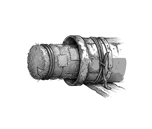 Ink drawing. A foam pipe pig, cylindrical and slightly oversized, pushed halfway into the mouth of a large pipe and gripping.