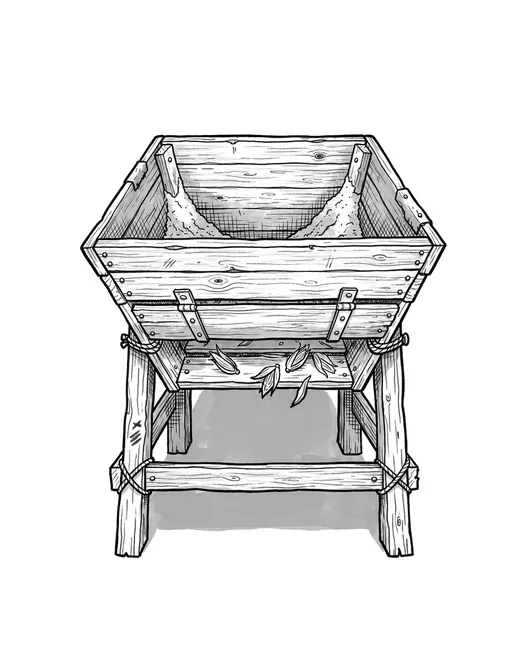 Ink drawing. A wooden feed hopper on legs with its bottom gate slid fully open and nothing coming out of it, a few husks caught in the gate track.