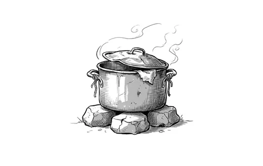 Ink drawing. A big dented cooking pot with its lid pushed half off, standing on three hot stones, steam coming off it in slow trails.