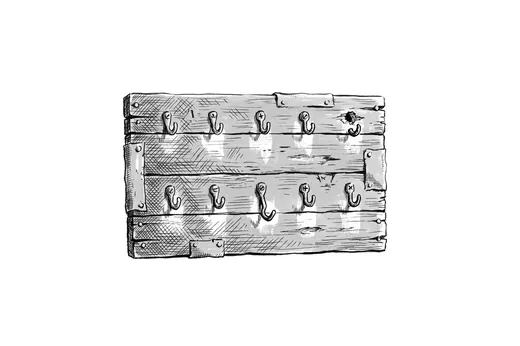 Ink drawing. A work-block duty board lying by itself, seen square on: a plank board with two rows of small iron hooks screwed into it and every hook empty.