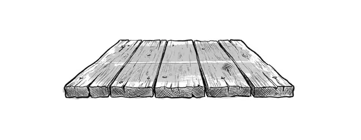 Ink drawing. One short section of a scrubbed plank table, about five feet of it, lying by itself, the joints between them open.