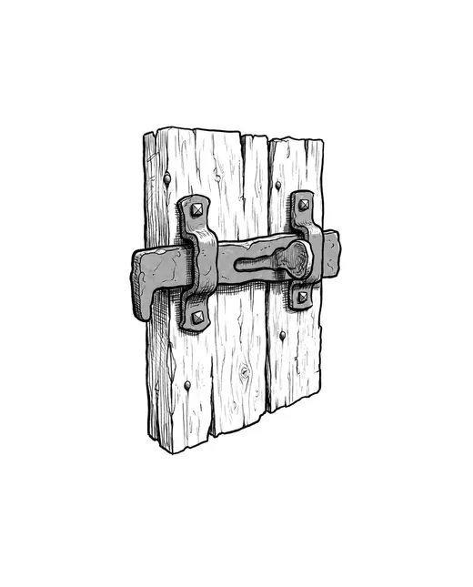 Ink drawing. An iron drop latch and its keeper mounted on a short piece of door plank, the latch bar lifted and resting up on the lip of the keeper: hand-forged and.