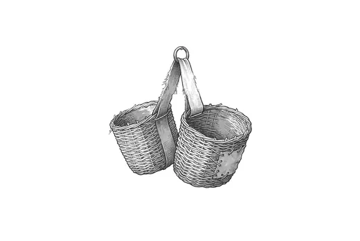 Ink drawing. A pair of pannier baskets joined by one wide flat webbing strap, hanging empty side by side and touching nothing: coarse split-willow weave going ragged.