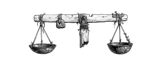 Ink drawing. A hand-made balance beam by itself: a plain straight hardwood arm resting on a central knife pivot, a shallow pan hanging on three cords from each end.