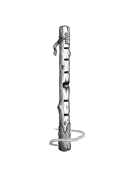 Ink drawing. A long straight measuring pole standing upright by itself, notched across at intervals and burnt black in bands at the notches.