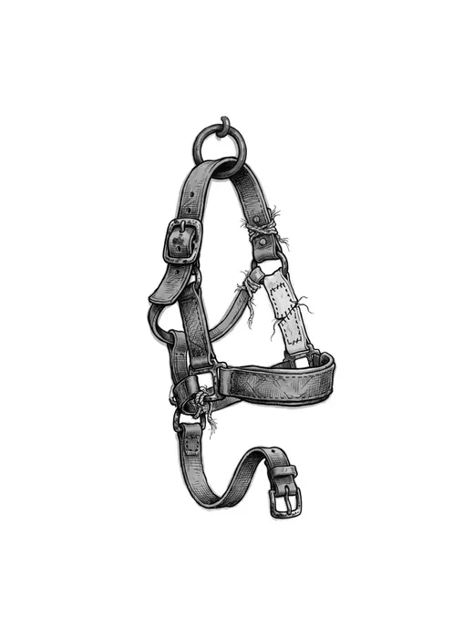 Ink drawing. A heavy leather headcollar sized for a very large animal, hanging by itself from one iron ring: broad noseband and cheekpieces.