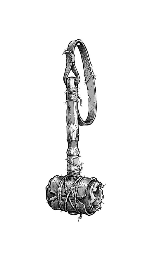 Ink drawing. A bell beater hanging by itself from a leather loop: a turned hardwood handle a foot and a half long.