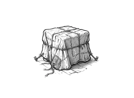 Ink drawing. A stiff tarpaulin thrown over a low square shape and roped down at two corners.