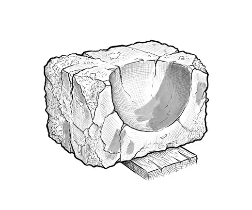Ink drawing. A broken block of rock salt lying by itself, about the size of a footstool: fractured and sugary on three sides.