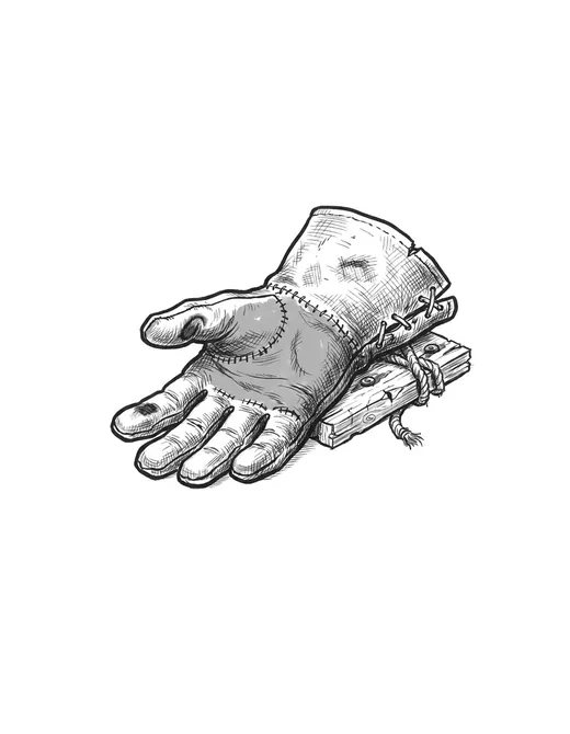 Ink drawing. One welding gauntlet lying palm upward by itself, the fingers open and slack: split cowhide gone dark and shiny across the palm.