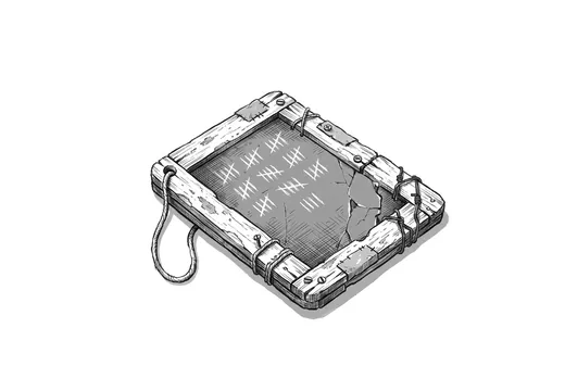 Ink drawing. A tally slate hanging by itself: a thin roofing slate bound into a narrow wooden frame.